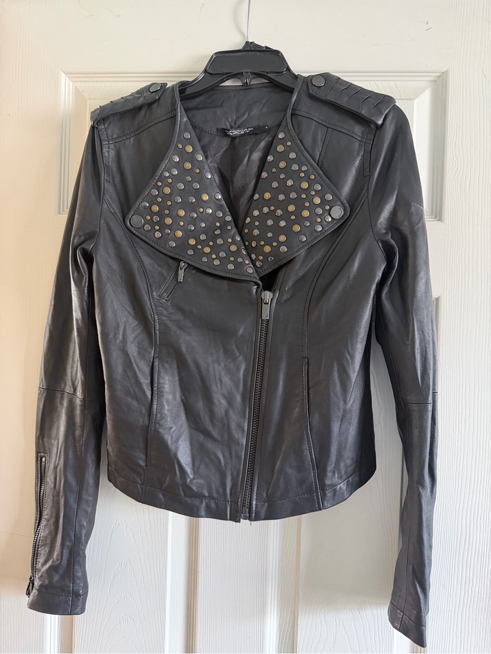 William Rast Stud-Detail Black Leather Moto Jacket- M